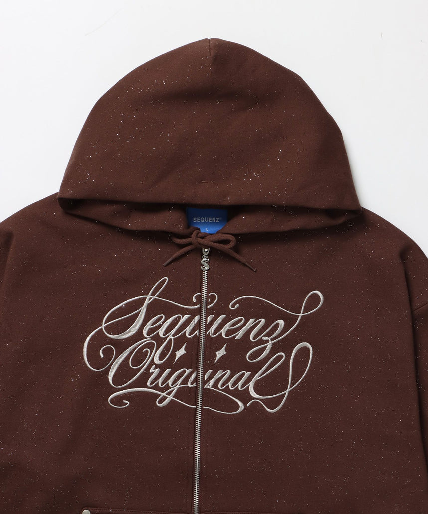 SQNZ LOGO GLITTER ZIP P/K / ジップパーカー ラメプリント ダブルジップ 裏起毛 【セットアップ】 モカ