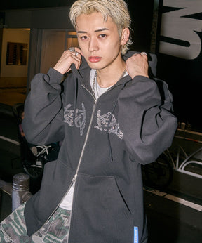 RHINE STONE ZIP P/K / ラインストーン ジップパーカー 裏起毛 フーディ スウェット ブラック