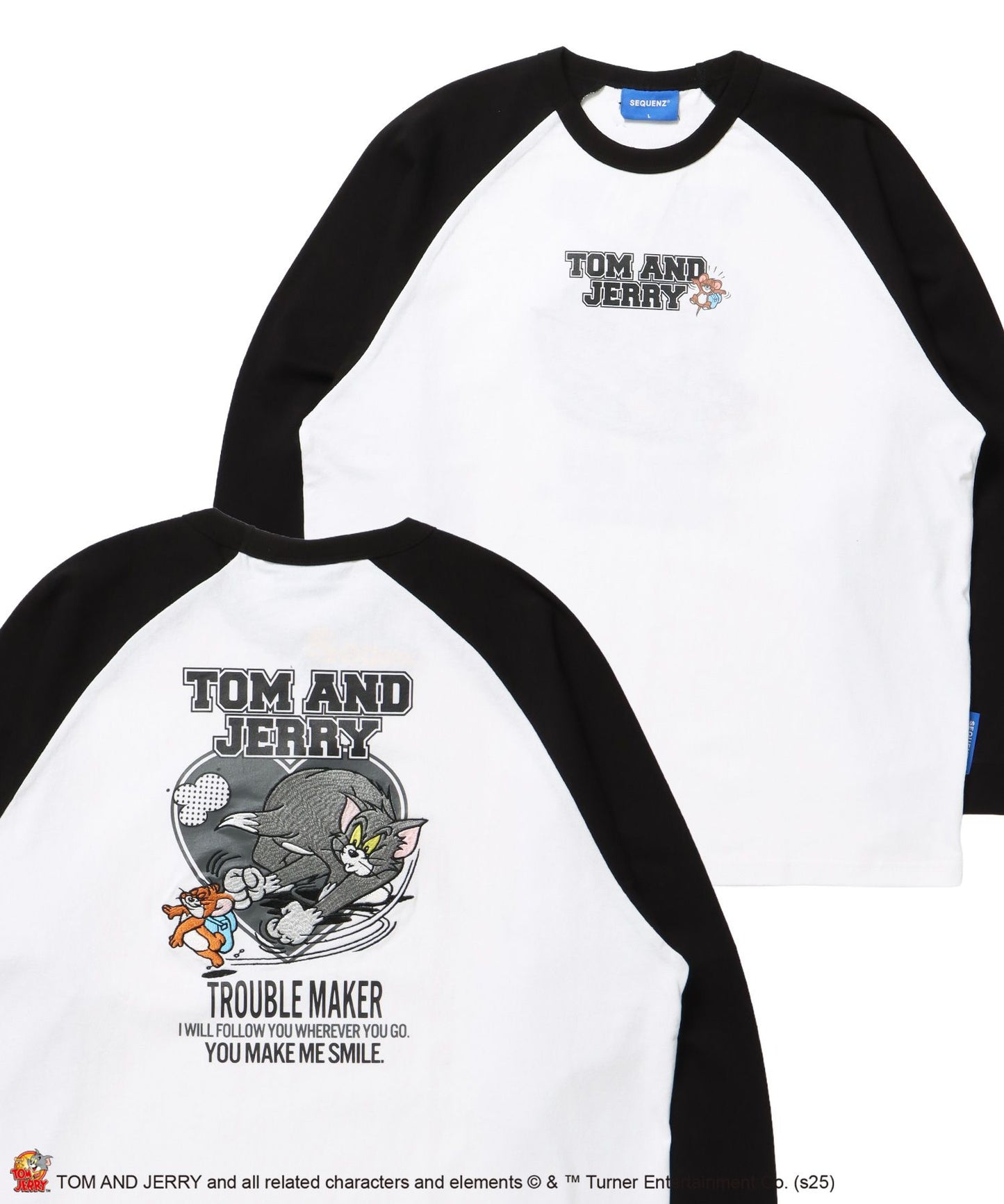【SEQUENZ（シークエンズ）】TJ HEART VINTAGE RAGLAN TEE / トムとジェリー ラグランTシャツ 長袖 クルーネック プリント 刺繍 ブラック