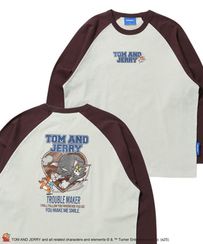 TJ HEART VINTAGE RAGLAN TEE / トムとジェリー ラグランTシャツ 長袖 クルーネック プリント 刺繍 ダークブラウン