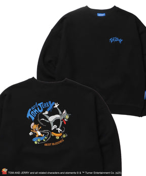 TJ SKATE BOARD C/N SWEAT / トムとジェリー スウェット クルーネック 刺繍 裏起毛 ブラック