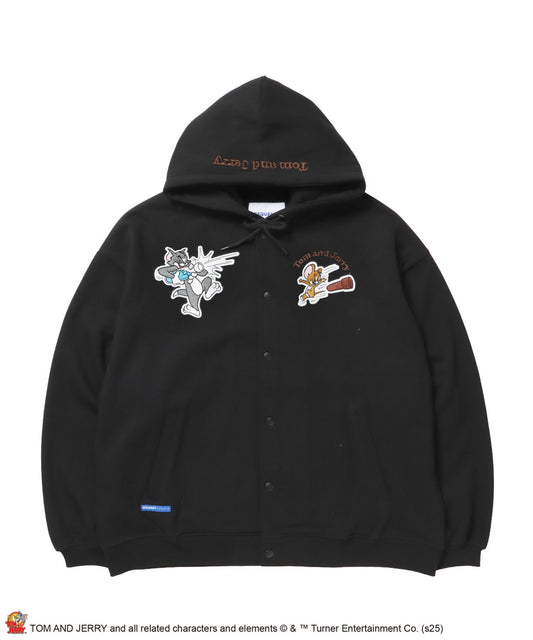 【SEQUENZ（シークエンズ）】TJ RAMUNE SHOT SNAP HOODIE / トムとジェリー スナップフーディ パーカー 刺繍 裏起毛 ブラック