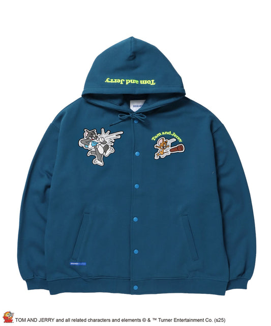 【SEQUENZ（シークエンズ）】TJ RAMUNE SHOT SNAP HOODIE / トムとジェリー スナップフーディ パーカー 刺繍 裏起毛 グリーン