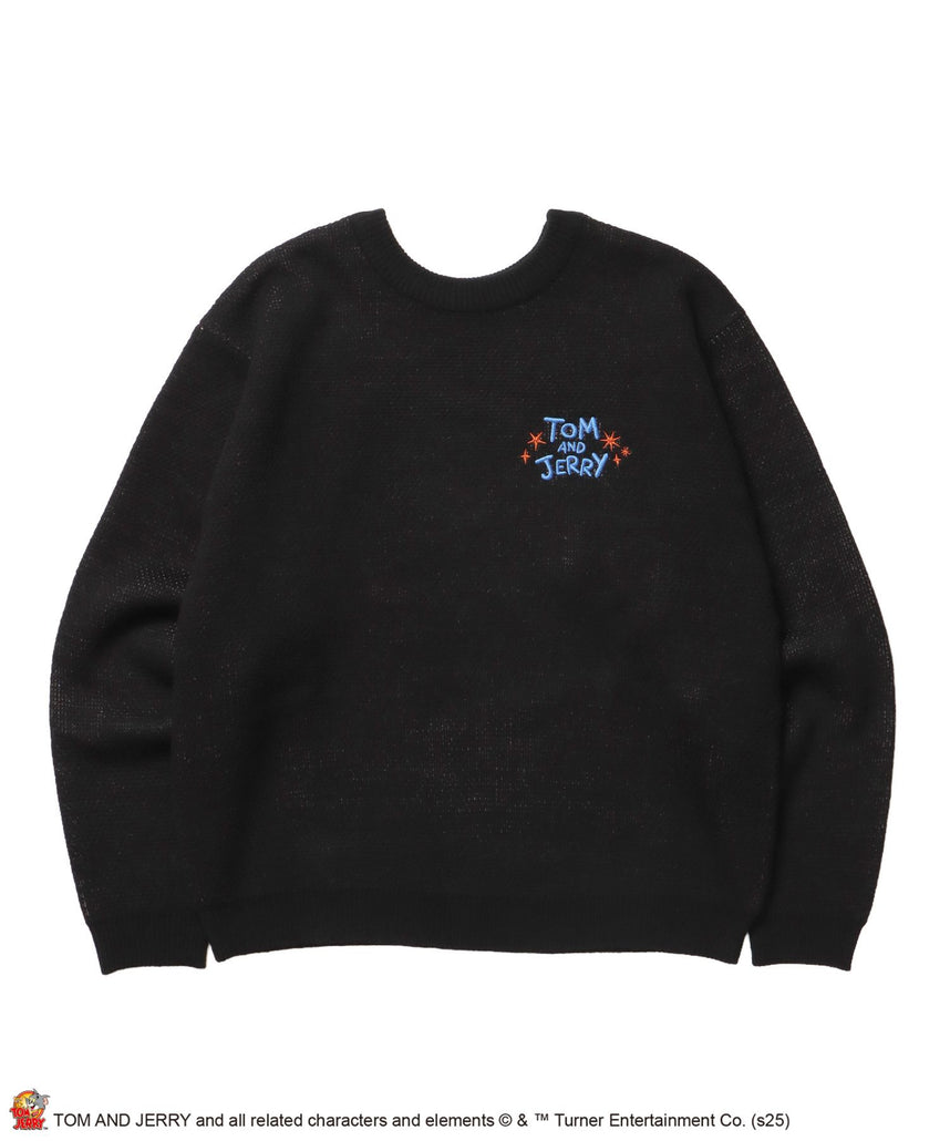 【SEQUENZ（シークエンズ）】TJ TROUBLE MAKER KNIT / トムとジェリー ニット 刺繍 ジャカード クルーネック リバーシブル ブラック