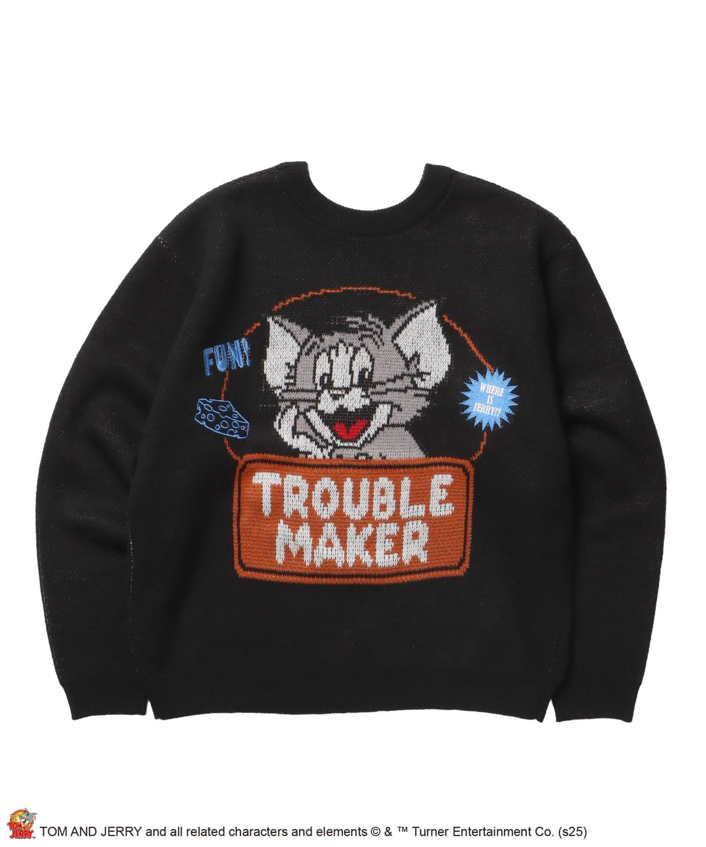 【SEQUENZ（シークエンズ）】TJ TROUBLE MAKER KNIT / トムとジェリー ニット 刺繍 ジャカード クルーネック リバーシブル ブラック
