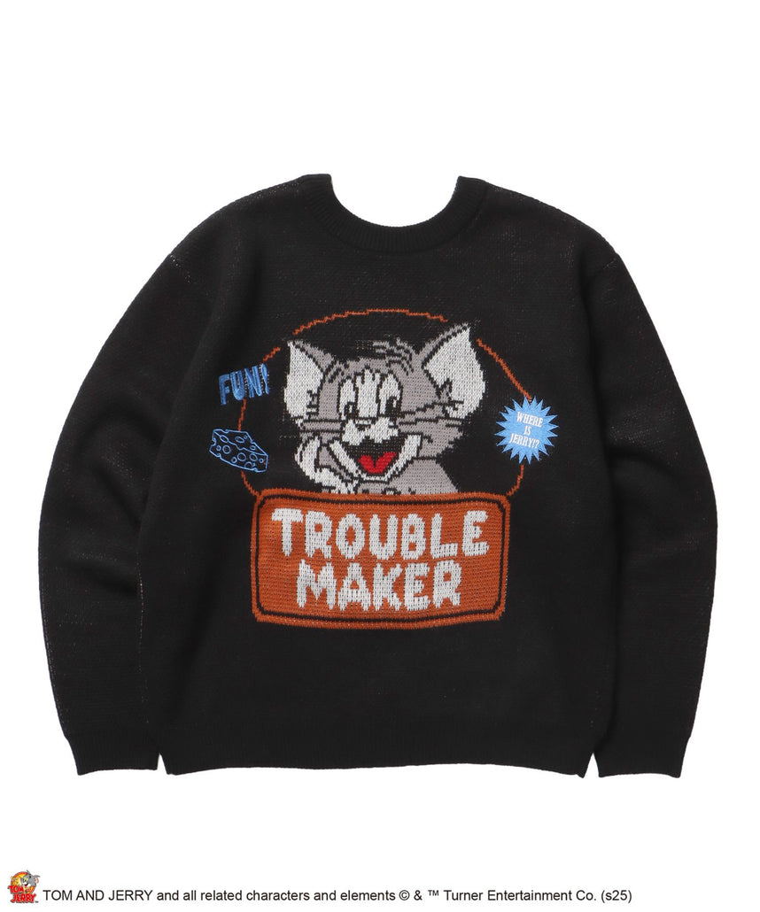 【SEQUENZ（シークエンズ）】TJ TROUBLE MAKER KNIT / トムとジェリー ニット 刺繍 ジャカード クルーネック リバーシブル ブラック