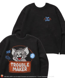 TJ TROUBLE MAKER KNIT / トムとジェリー ニット 刺繍 ジャカード クルーネック リバーシブル ブラック