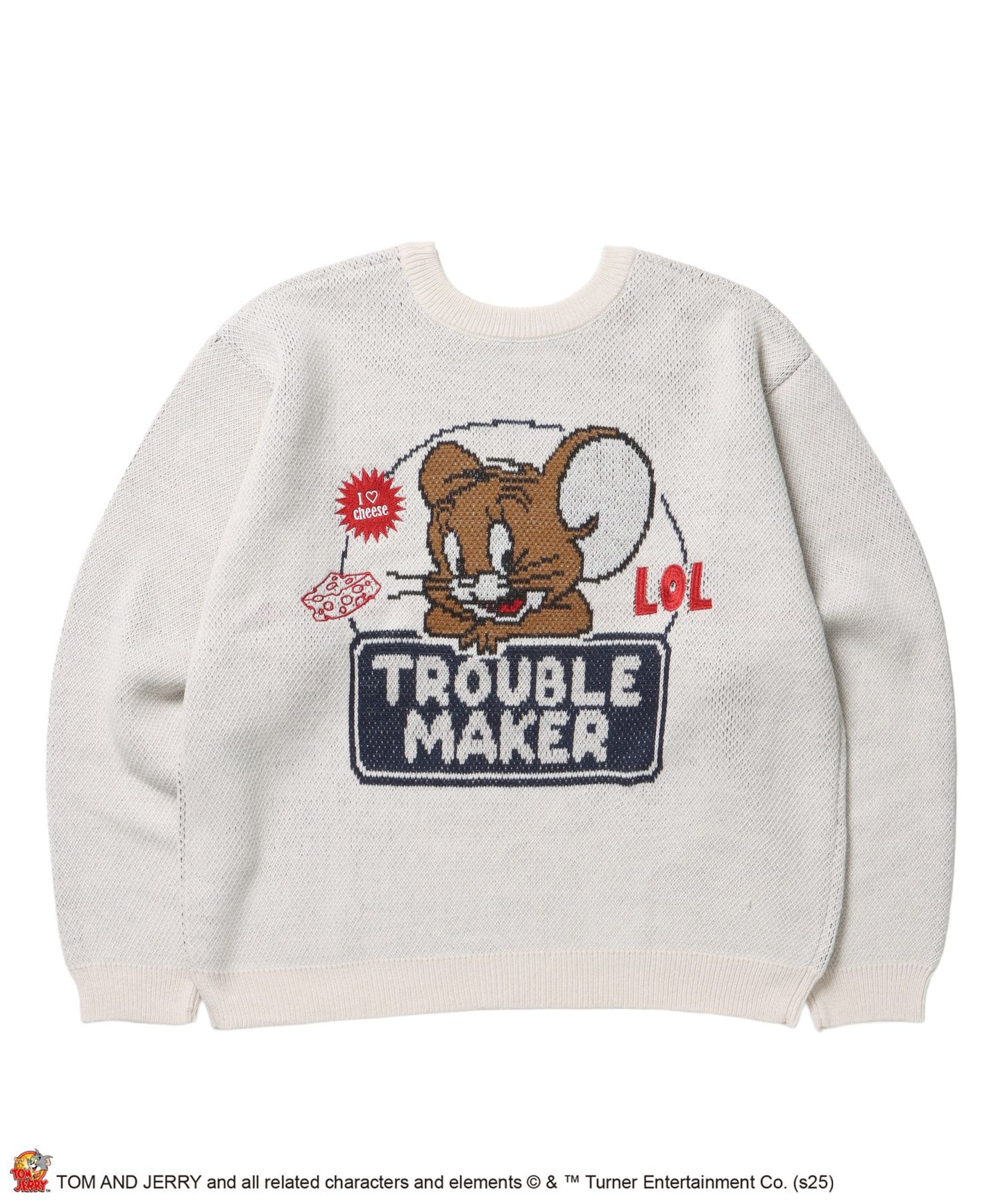 【SEQUENZ（シークエンズ）】TJ TROUBLE MAKER KNIT / トムとジェリー ニット 刺繍 ジャカード クルーネック リバーシブル アイボリー
