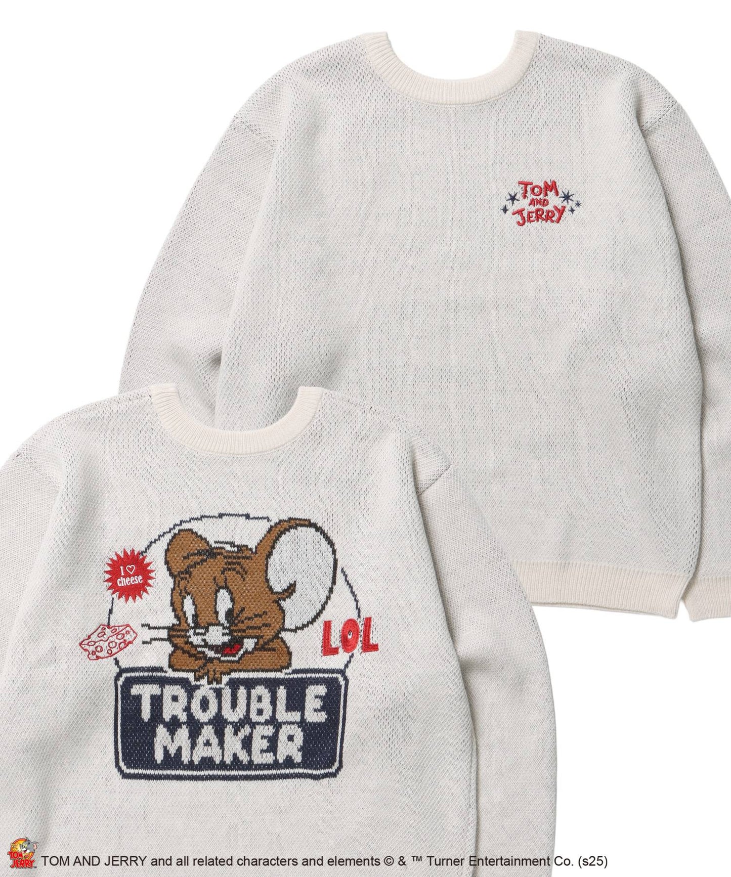 【SEQUENZ（シークエンズ）】TJ TROUBLE MAKER KNIT / トムとジェリー ニット 刺繍 ジャカード クルーネック リバーシブル アイボリー