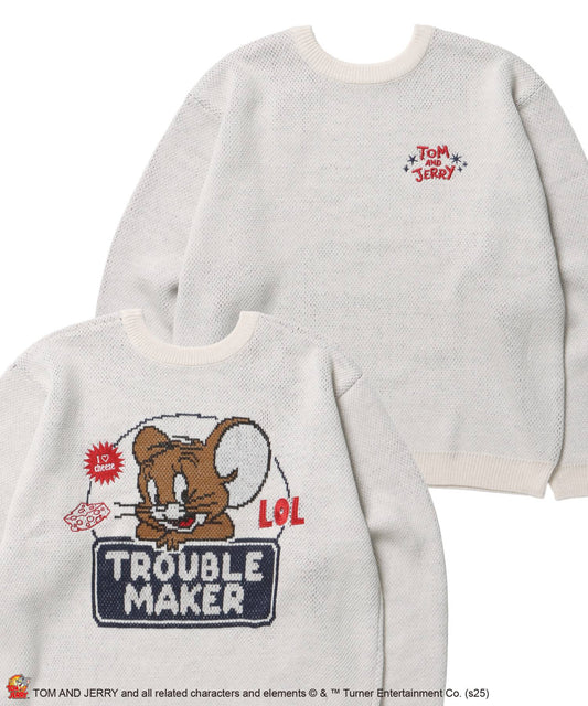 【SEQUENZ（シークエンズ）】TJ TROUBLE MAKER KNIT / トムとジェリー ニット 刺繍 ジャカード クルーネック リバーシブル アイボリー