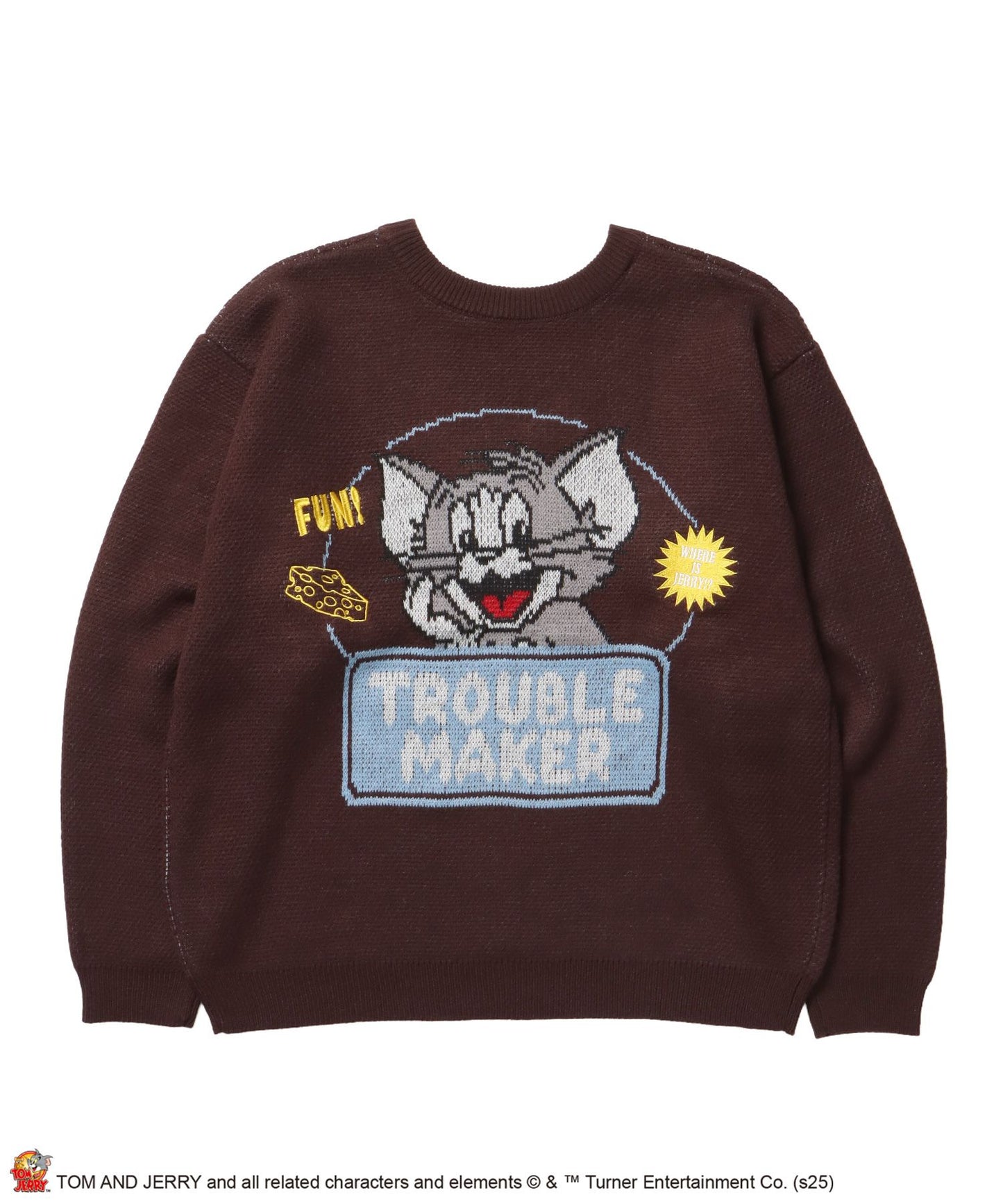 【SEQUENZ（シークエンズ）】TJ TROUBLE MAKER KNIT / トムとジェリー ニット 刺繍 ジャカード クルーネック リバーシブル ブラウン