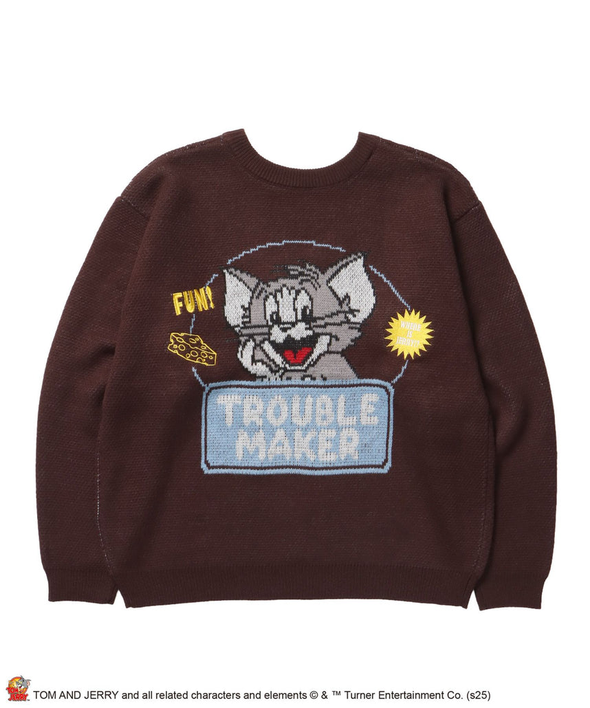 【SEQUENZ（シークエンズ）】TJ TROUBLE MAKER KNIT / トムとジェリー ニット 刺繍 ジャカード クルーネック リバーシブル ブラウン