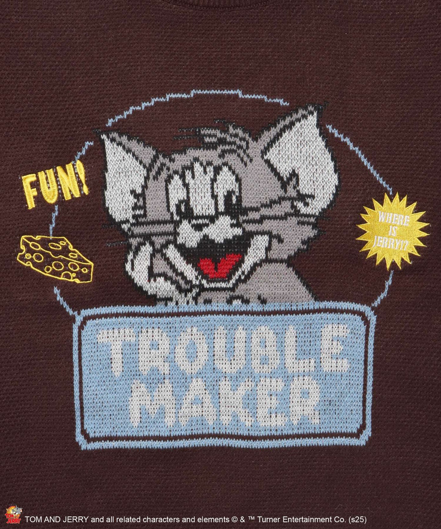TJ TROUBLE MAKER KNIT / トムとジェリー ニット 刺繍 ジャカード クルーネック リバーシブル ブラウン