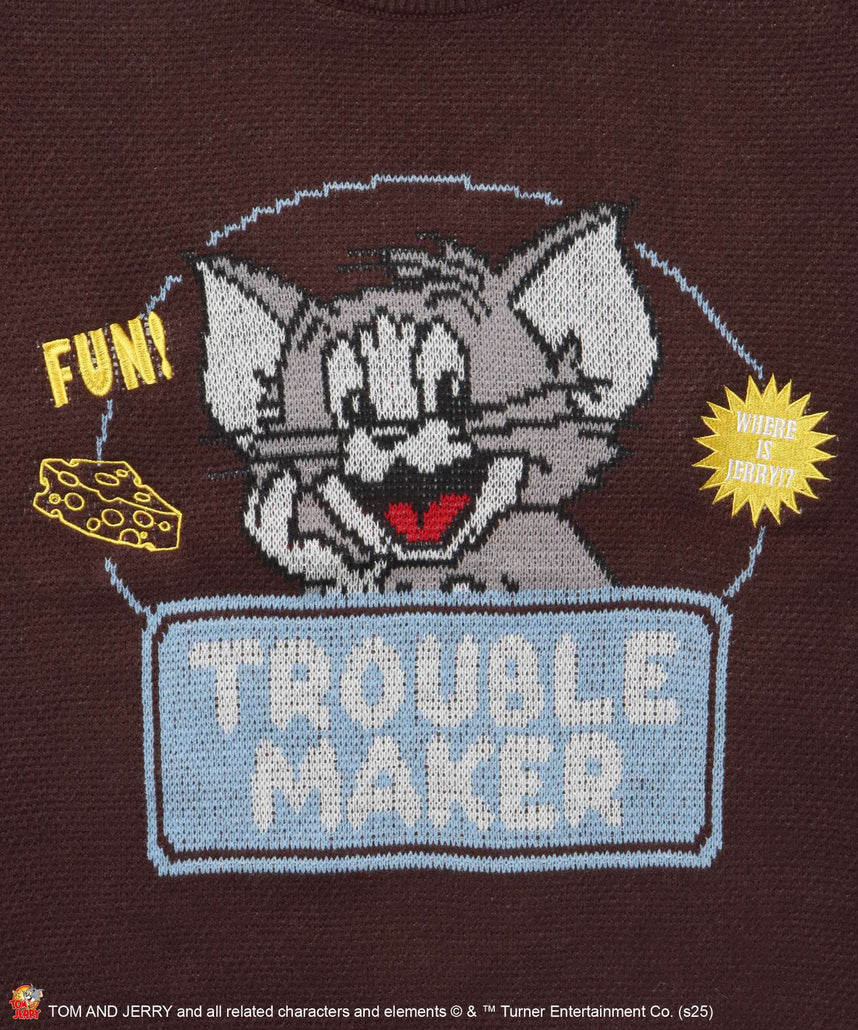 TJ TROUBLE MAKER KNIT / トムとジェリー ニット 刺繍 ジャカード クルーネック リバーシブル ブラウン