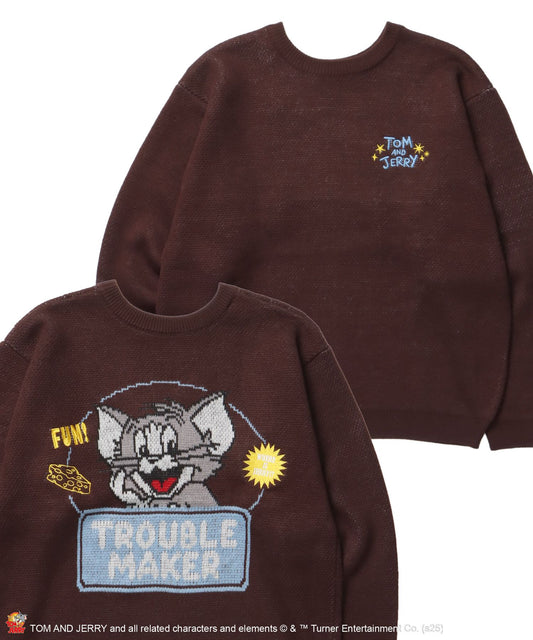 【SEQUENZ（シークエンズ）】TJ TROUBLE MAKER KNIT / トムとジェリー ニット 刺繍 ジャカード クルーネック リバーシブル ブラウン