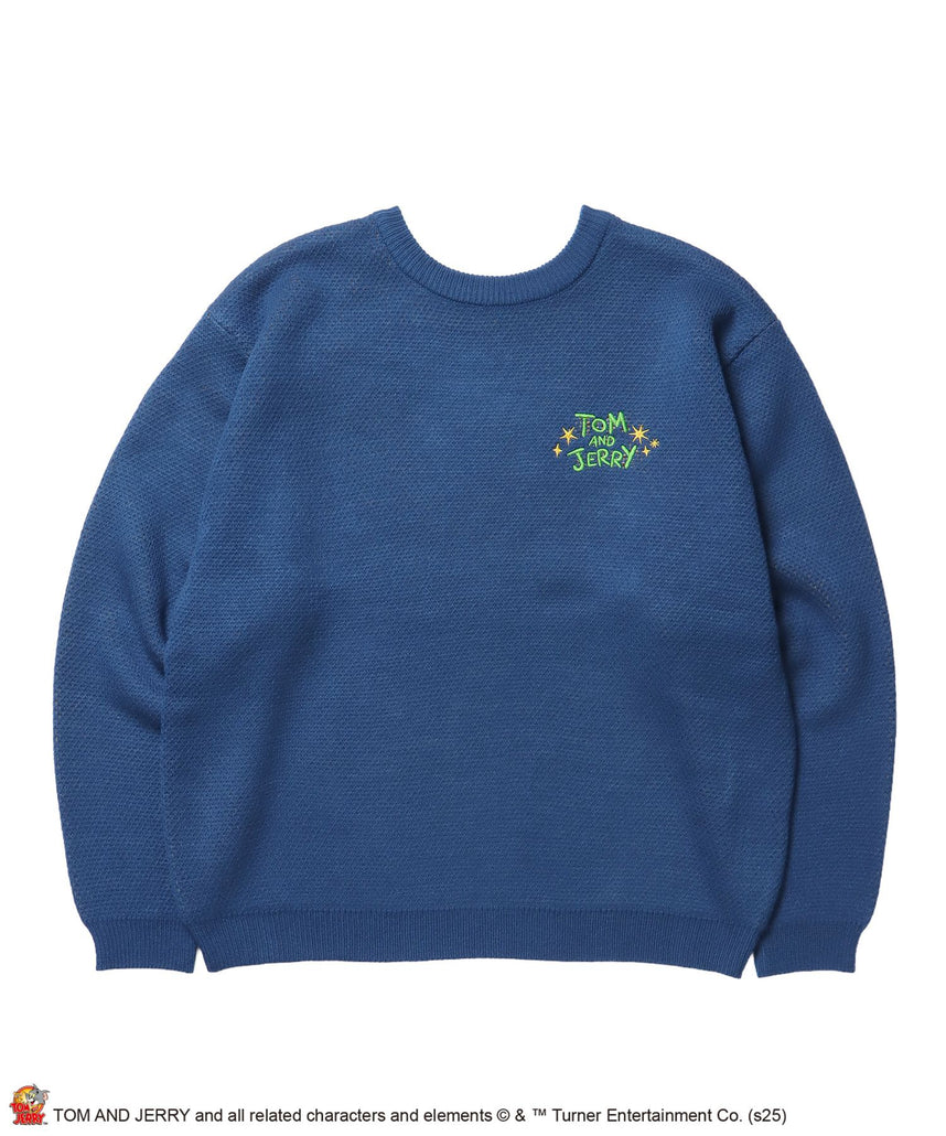 【SEQUENZ（シークエンズ）】TJ TROUBLE MAKER KNIT / トムとジェリー ニット 刺繍 ジャカード クルーネック リバーシブル ブルー