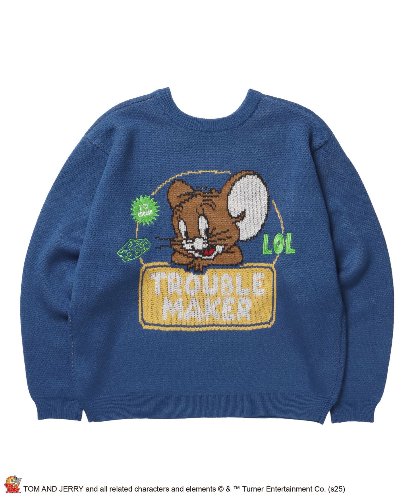 【SEQUENZ（シークエンズ）】TJ TROUBLE MAKER KNIT / トムとジェリー ニット 刺繍 ジャカード クルーネック リバーシブル ブルー