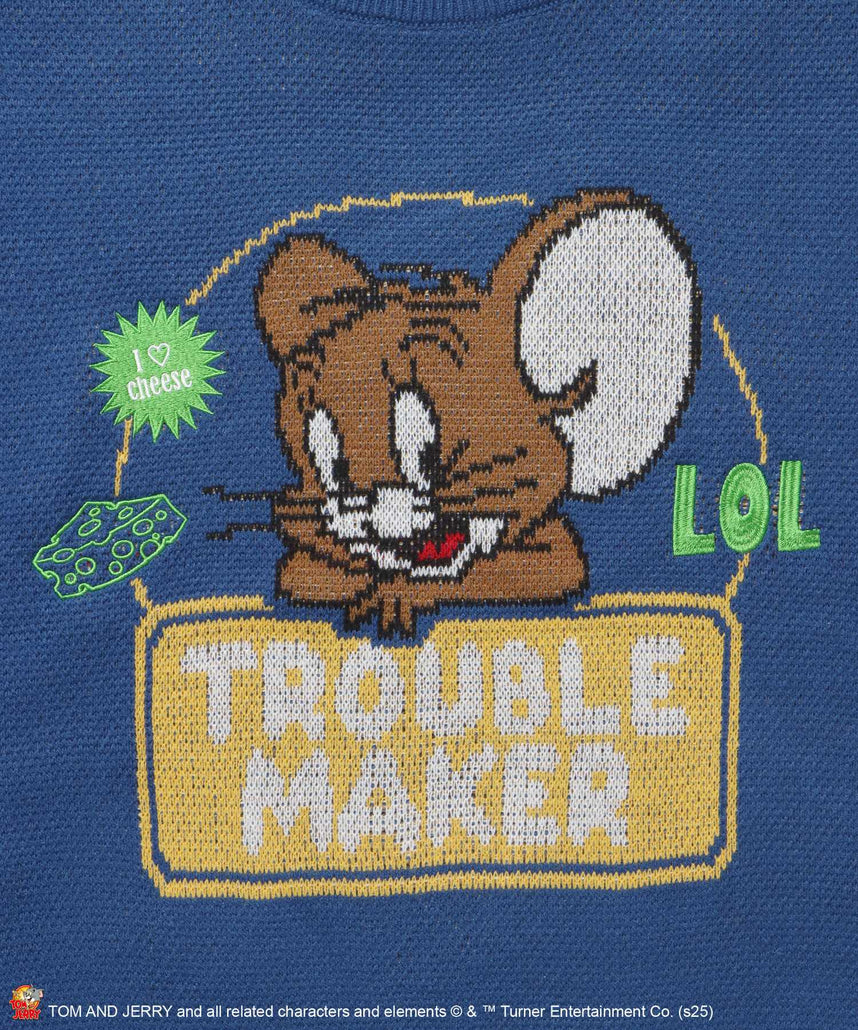 TJ TROUBLE MAKER KNIT / トムとジェリー ニット 刺繍 ジャカード クルーネック リバーシブル ブルー