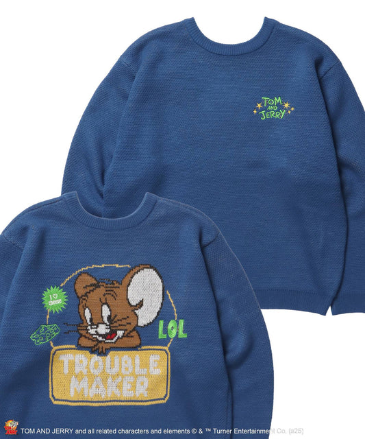 【SEQUENZ（シークエンズ）】TJ TROUBLE MAKER KNIT / トムとジェリー ニット 刺繍 ジャカード クルーネック リバーシブル ブルー