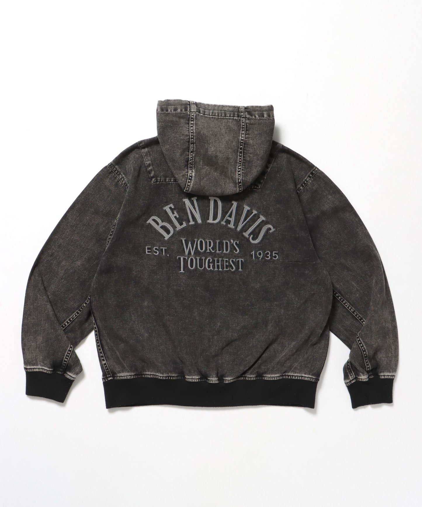 【BEN DAVIS（ベンデイビス）】 BLEACHED TWILL ZIP HOODIE /パーカー ジップパーカー ダブルジップ 短丈 刺繍 チャコール