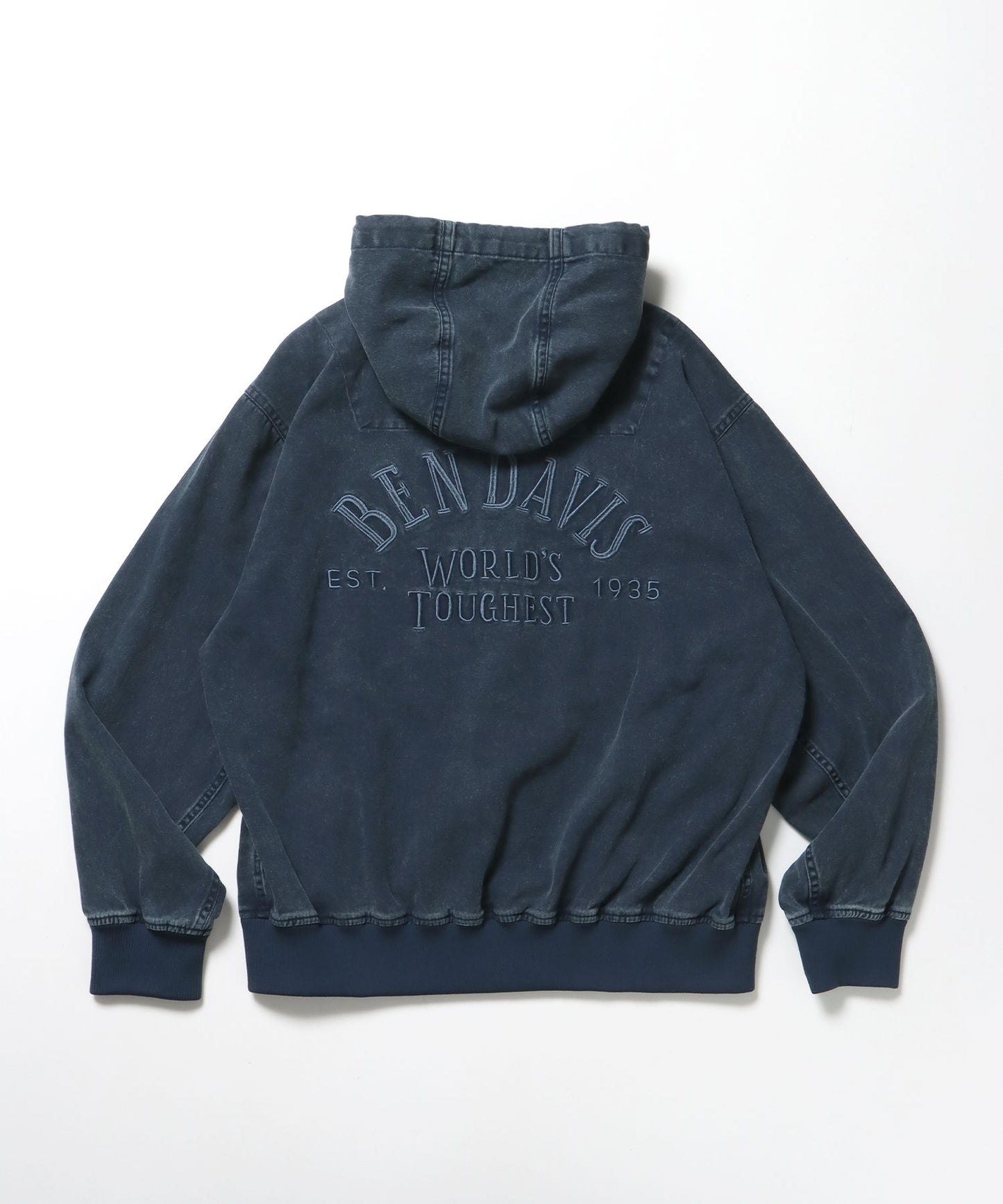 【BEN DAVIS（ベンデイビス）】BLEACHED TWILL ZIP HOODIE /パーカー ジップパーカー ダブルジップ 短丈 刺繍 ネイビー