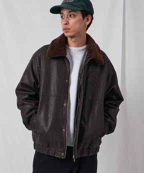 REMOVAL BOA COLLAR FAUX LEATHER JACKET / フェイクレザー ジャケット ボア ジップ キルティング ワッペン ブラウン