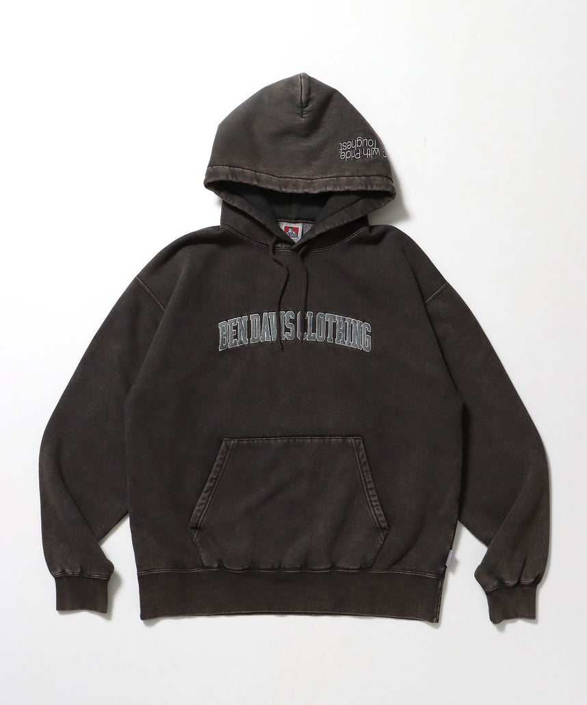 【BEN DAVIS（ベンデイビス）】ARCH LOGO FADED HOODIE / パーカー フーディ 加工 刺繍 裏起毛 ダークブラウン