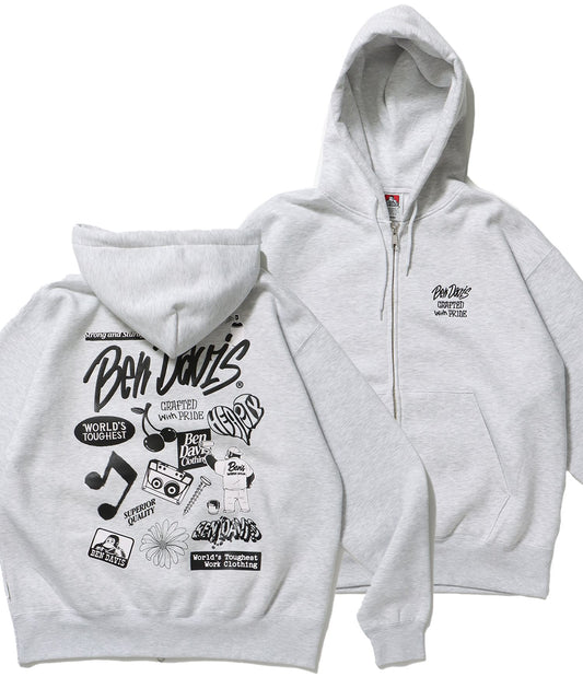 【BEN DAVIS（ベンデイビス）】SELECTION ZIP HOODIE /パーカー ジップパーカー ダブルジップ 短丈 刺繍 プリント アッシュグレー
