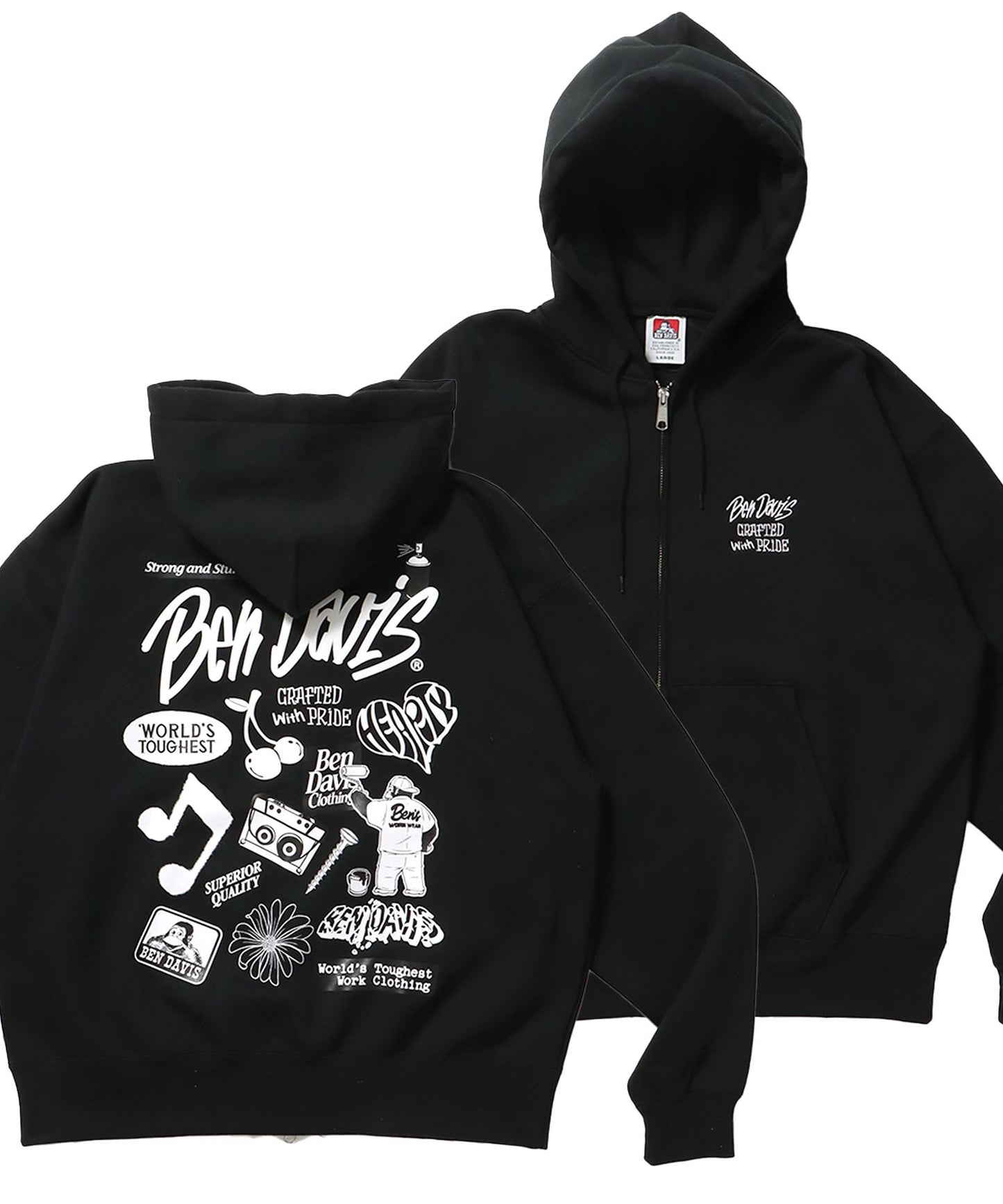 【BEN DAVIS（ベンデイビス）】SELECTION ZIP HOODIE /パーカー ジップパーカー ダブルジップ 短丈 刺繍 プリント ブラック