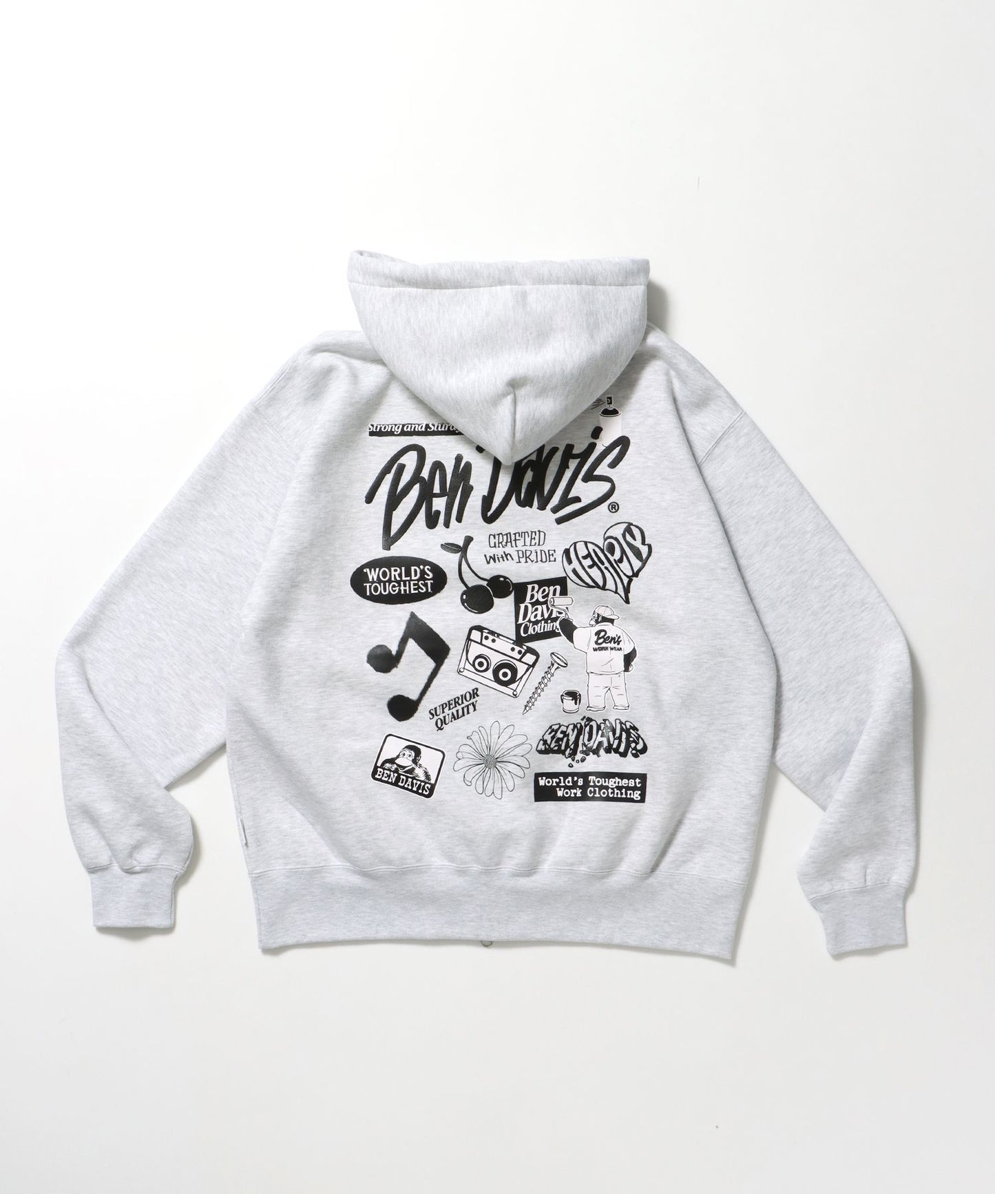 【BEN DAVIS（ベンデイビス）】SELECTION ZIP HOODIE /パーカー ジップパーカー ダブルジップ 短丈 刺繍 プリント アッシュグレー