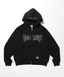 JAGGED LOGO ZIP HOODIE /パーカー ジップパーカー ダブルジップ 短丈 刺繍 ブラック