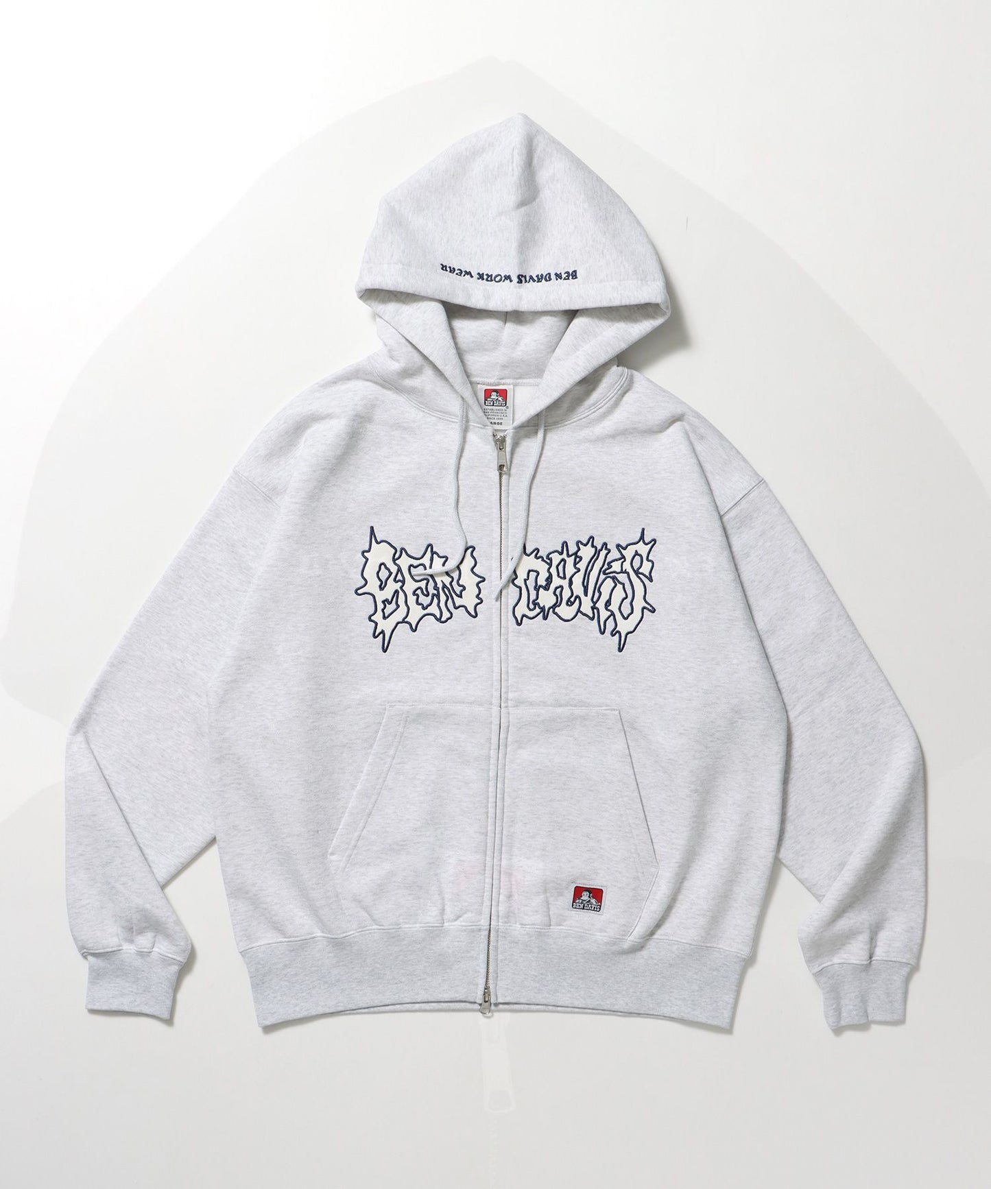 【BEN DAVIS（ベンデイビス）】JAGGED LOGO ZIP HOODIE /パーカー ジップパーカー ダブルジップ 短丈 刺繍 アッシュグレー