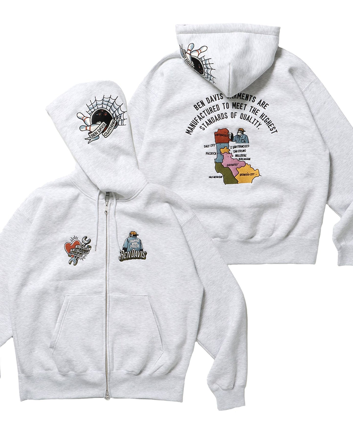 【BEN DAVIS（ベンデイビス）】SOUVENIR ZIP HOODIE /パーカー ジップパーカー ダブルジップ 短丈 刺繍 アッシュグレー