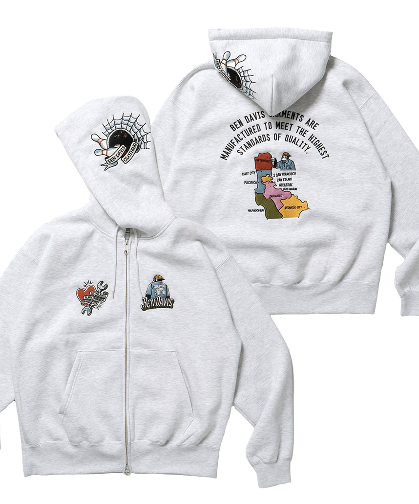 【BEN DAVIS（ベンデイビス）】SOUVENIR ZIP HOODIE /パーカー ジップパーカー ダブルジップ 短丈 刺繍 アッシュグレー