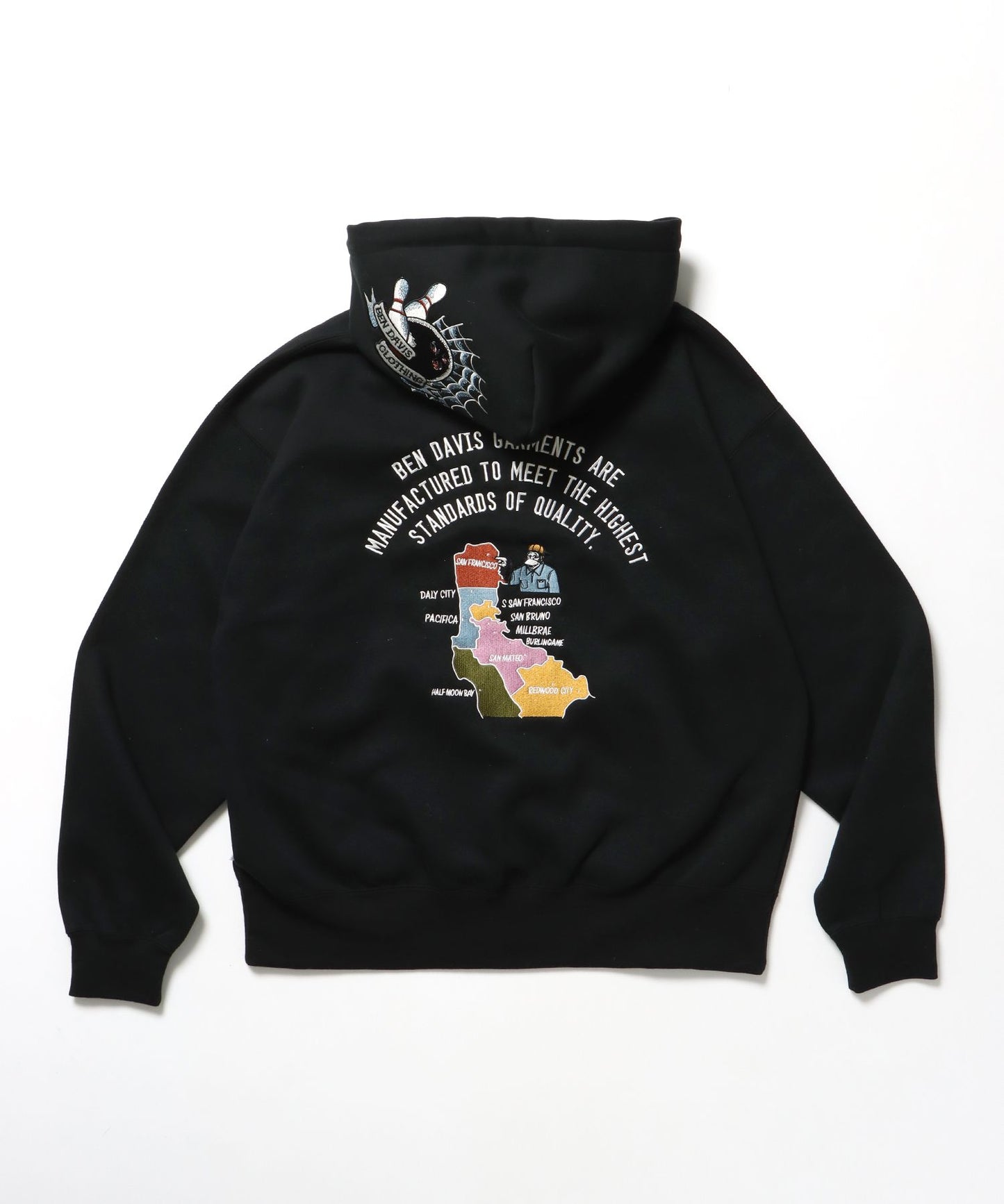【BEN DAVIS（ベンデイビス）】SOUVENIR ZIP HOODIE /パーカー ジップパーカー ダブルジップ 短丈 刺繍 ブラック