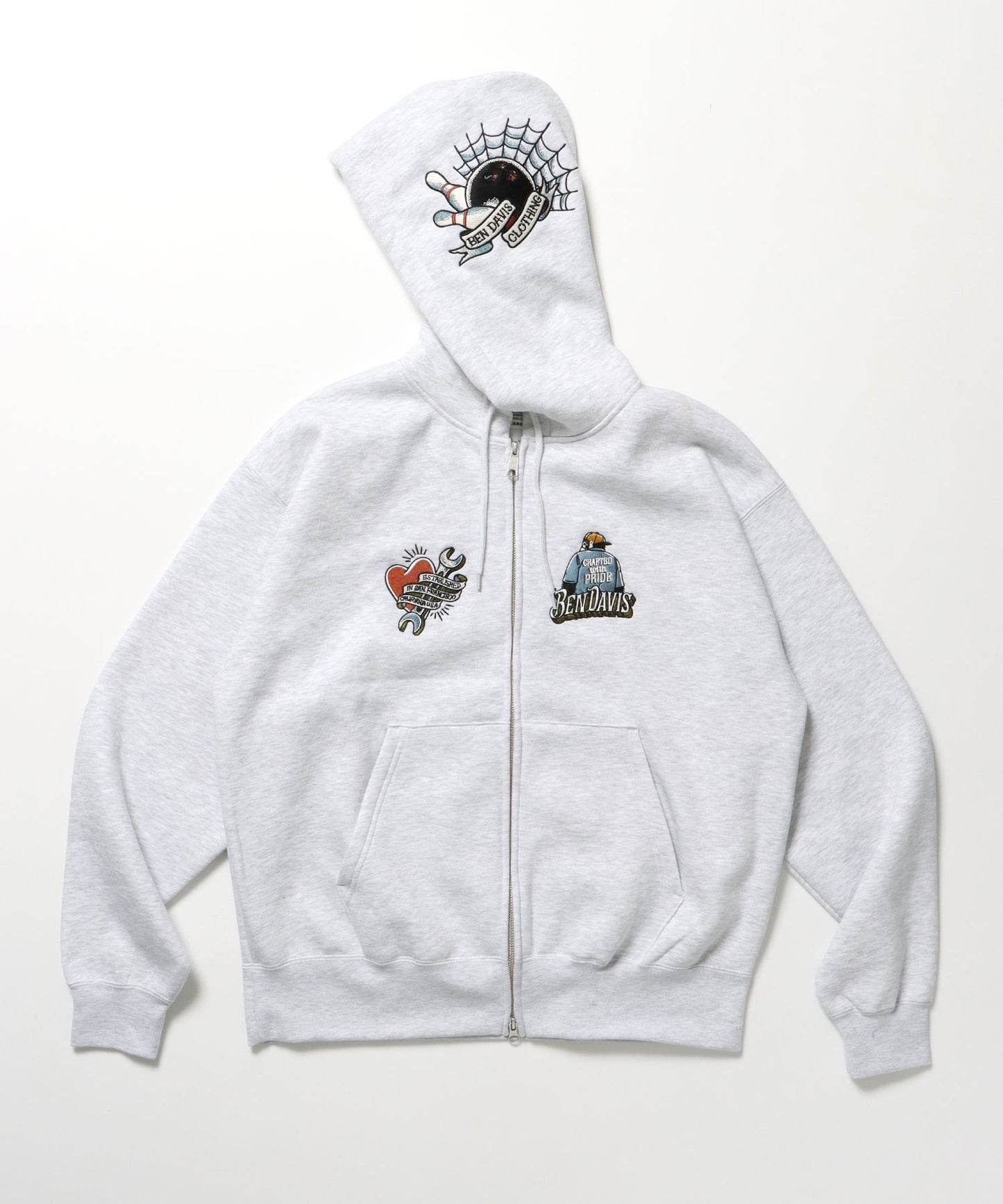 【BEN DAVIS（ベンデイビス）】SOUVENIR ZIP HOODIE /パーカー ジップパーカー ダブルジップ 短丈 刺繍 アッシュグレー