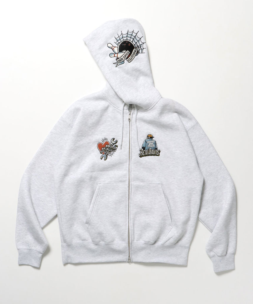 【BEN DAVIS（ベンデイビス）】SOUVENIR ZIP HOODIE /パーカー ジップパーカー ダブルジップ 短丈 刺繍 アッシュグレー