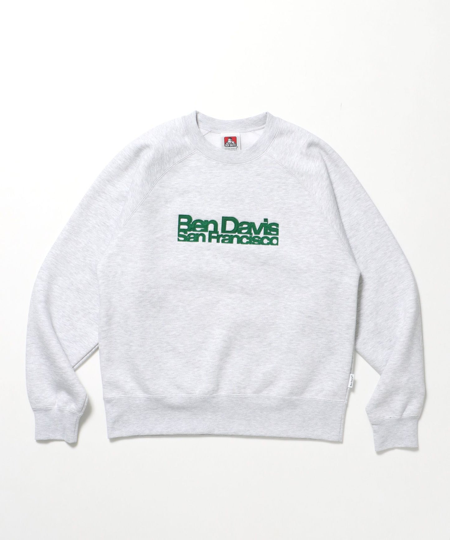 【BEN DAVIS（ベンデイビス）】CENTER LOGO RAGLAN CREW (70's FIT) / スウェット ラグラン クルーネック 刺繍 裏起毛 アッシュグレー