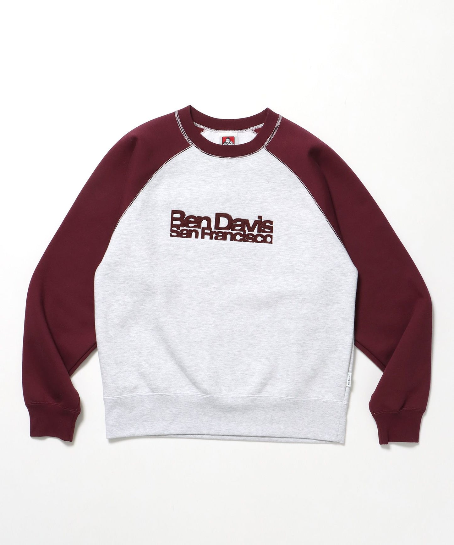 【BEN DAVIS（ベンデイビス）】CENTER LOGO RAGLAN CREW (70's FIT) / スウェット ラグラン クルーネック 刺繍 裏起毛 バーガンディー