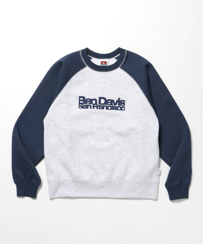 【BEN DAVIS（ベンデイビス）】CENTER LOGO RAGLAN CREW (70's FIT) / スウェット ラグラン クルーネック 刺繍 裏起毛 ブルーグレー