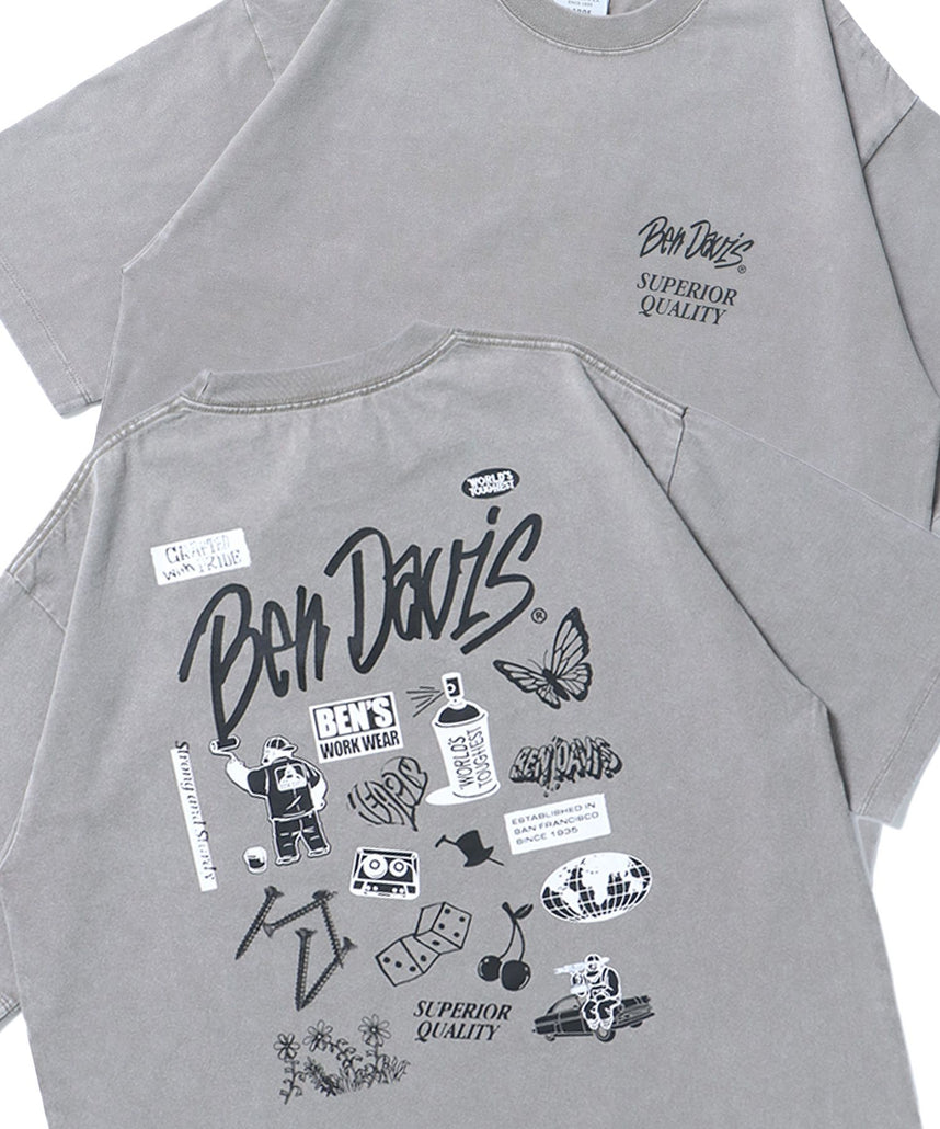 【BEN DAVIS（ベンデイビス）】VARIOUS MOTIFS VNTG TEE / Tシャツ クルーネック 半袖 オーバーサイズ ワンポイント 加工 ライトグレー