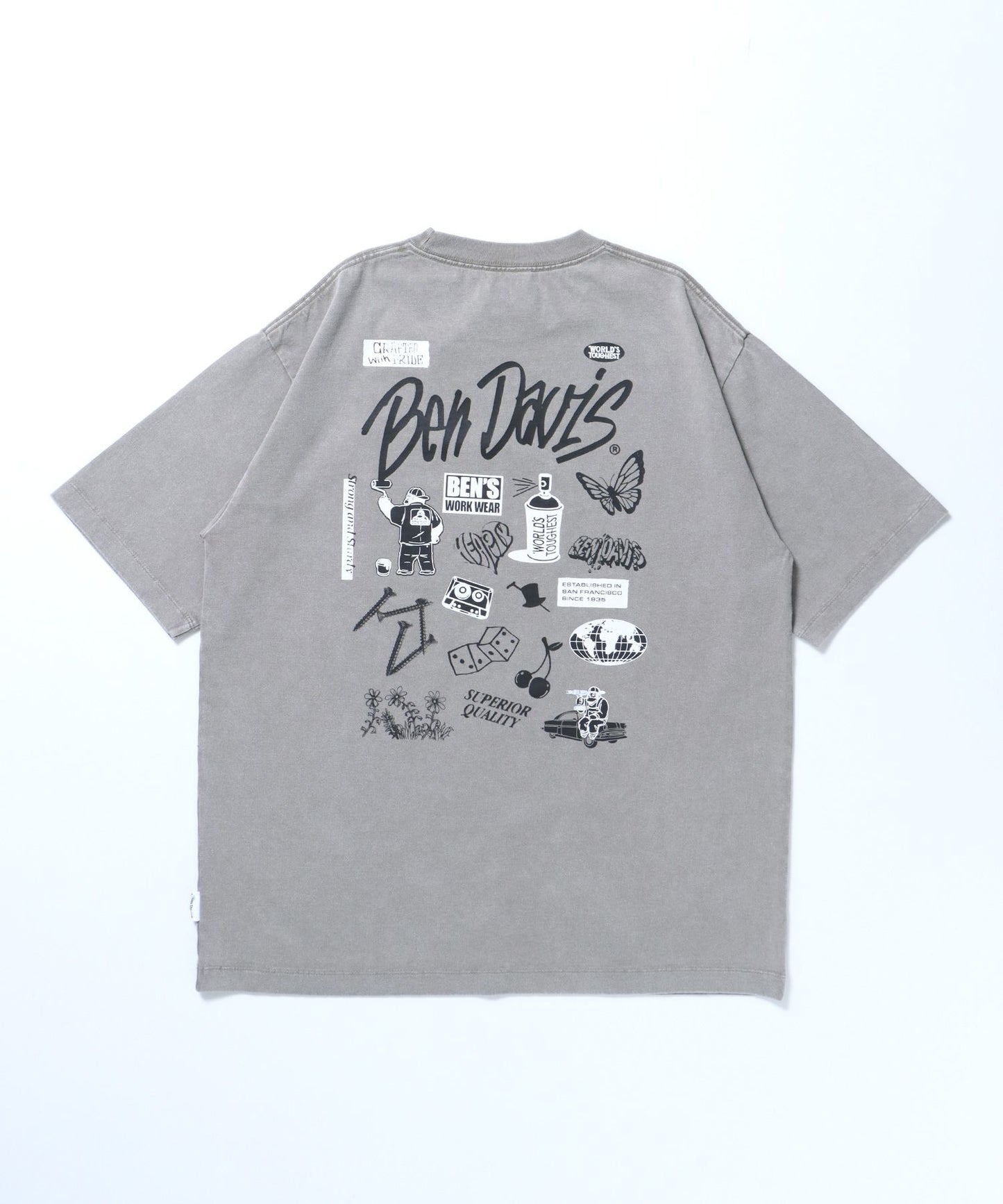 【BEN DAVIS（ベンデイビス）】VARIOUS MOTIFS VNTG TEE / Tシャツ クルーネック 半袖 オーバーサイズ ワンポイント 加工 ライトグレー