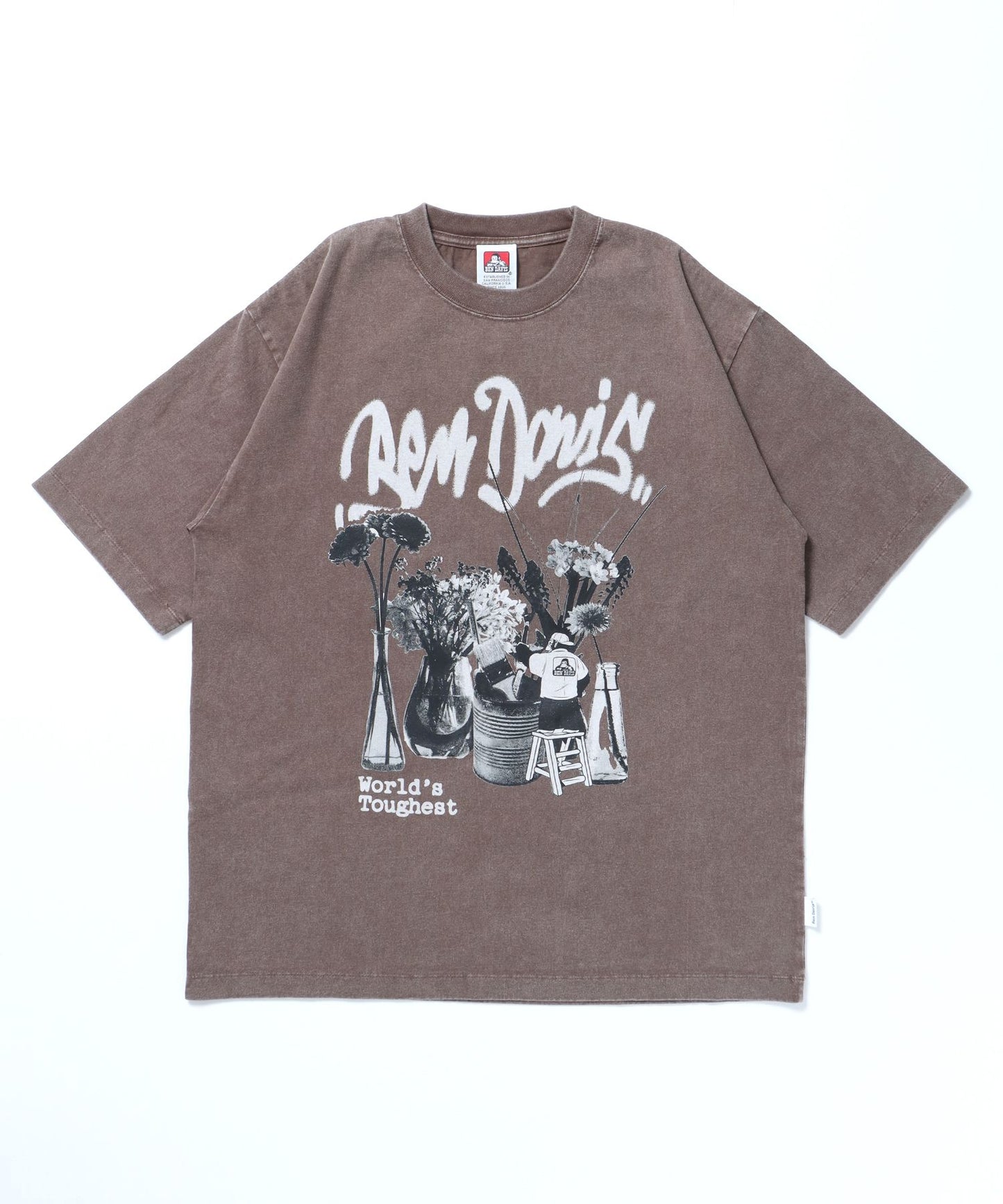 【BEN DAVIS（ベンデイビス）】FLOWER VASE VNTG TEE / Tシャツ クルーネック 半袖 オーバーサイズ ワンポイント 加工 ダークブラウン
