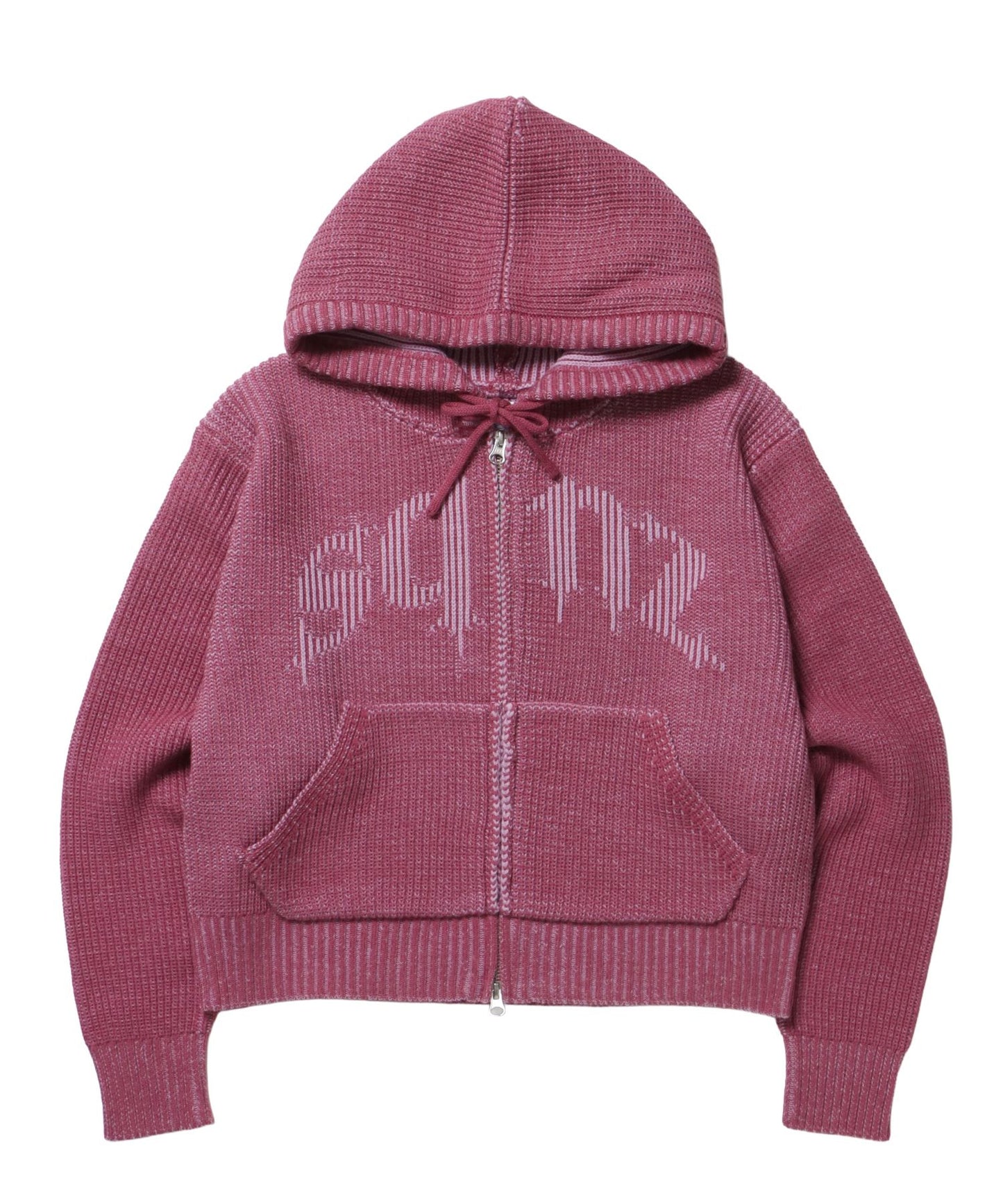 【sqnz（エスキュンズ）】sqnz knit zip p/k / ニット ジップパーカー ダブルジップ フーディ ヴィンテージ 加工 ピンク