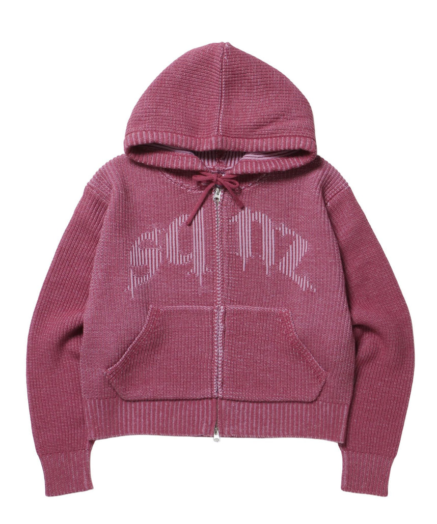 【sqnz（エスキュンズ）】sqnz knit zip p/k / ニット ジップパーカー ダブルジップ フーディ ヴィンテージ 加工 ピンク