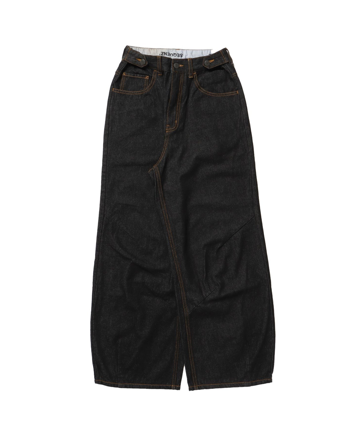 【SEQUENZ（シークエンズ）】sqnz carve logo denim / 刺繍 ワイドシルエット カーブ メンズ デニム パンツ 加工 ヴィンテージライク ブラック