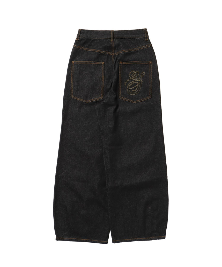 sqnz carve logo denim / 刺繍 ワイドシルエット カーブ メンズ デニム パンツ 加工 ヴィンテージライク ブラック