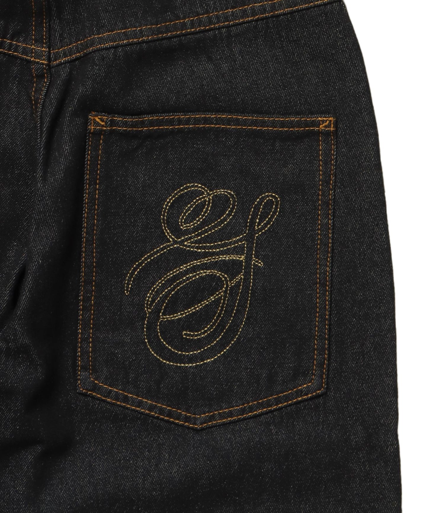 sqnz carve logo denim / 刺繍 ワイドシルエット カーブ メンズ デニム パンツ 加工 ヴィンテージライク ブラック