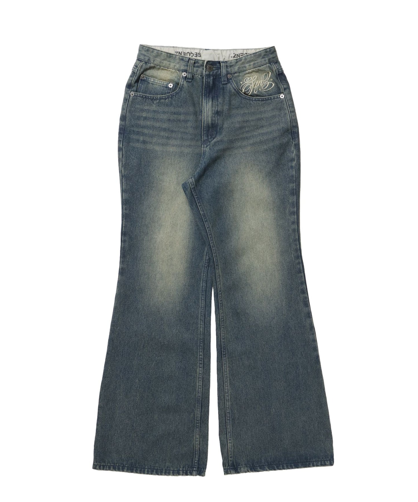 【SEQUENZ（シークエンズ）】sqnz ladies flare denim / パンツ デニム レディース 加工 フレア 刺繍 ネイビー