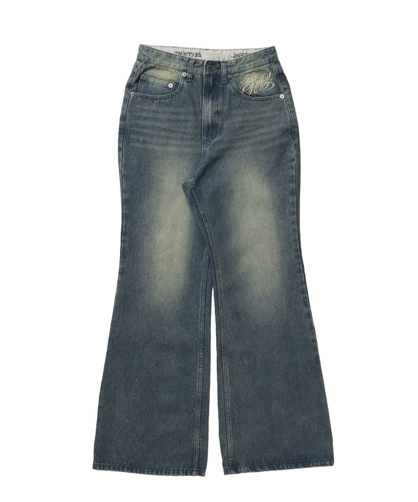 【SEQUENZ（シークエンズ）】sqnz ladies flare denim / パンツ デニム レディース 加工 フレア 刺繍 ネイビー